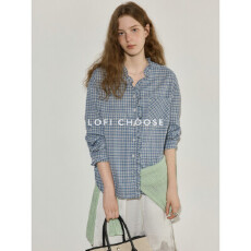 批发Lofi choose 撞色格子木耳边<b class='q'>长袖</b>衬衫女秋季新款休闲宽松百搭上衣