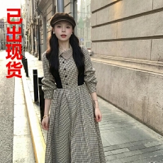 批发不出错No errors 伦敦街角复古<b class='q'>格子</b>长袖<b class='q'>连衣裙</b>翻领收腰裙初秋裙子