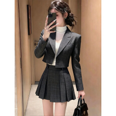 批发2026新款学院风格纹西装外套百褶裙套装<b class='q'>女</b>秋冬千金风两件套小个子