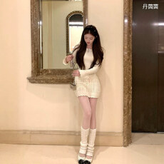 批发Acaine燕麦可颂中长款<b class='q'>一字肩</b>收腰长袖针织<b class='q'>连衣裙</b>女冬季气质毛衣裙