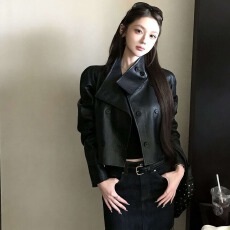 批发酷飒复古黑色PU皮夹克女早秋立领短款宽松版型随性<b class='q'>街头</b>风质感外衣