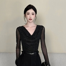 批发港风夜曲新款波点网纱长袖T恤小衫女百搭显瘦上衣+<b class='q'>裤子</b>套装
