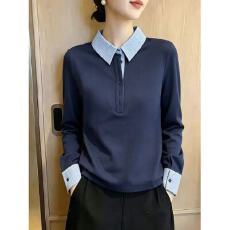批发2026秋季新款假两件Polo领长袖T桖女休闲显瘦打底衫套头气质上衣