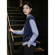 批发立领条纹拼接假两件长袖T桖衬衫女士2026秋季新款套头复古上衣