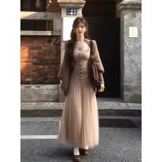 批发韩系轻熟御姐穿搭一整套装秋季温柔针织开衫吊带网纱长裙子三件套