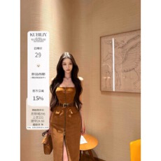 批发kubiliv 权威女主拉链皮带工装背带裙女秋冬季开叉设计<b class='q'>连衣裙</b>