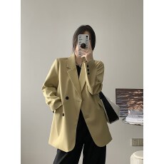 批发时尚百搭西装外套女春<b class='q'>秋</b>休闲显瘦宽松设计感小众黄绿色小西装上衣