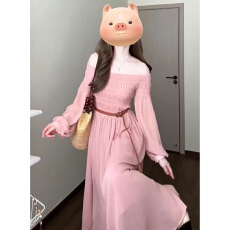 批发赵露思同款<b class='q'>连衣裙</b>女2026秋季法式一字肩高级感泡泡袖<b class='q'>明星</b>粉色长裙