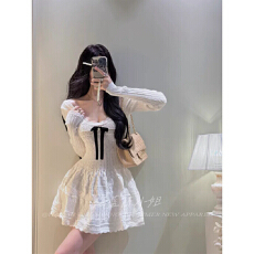 批发恋恋笔记本韩版新款千金少女小白花温柔蝴蝶结钩花针织连衣裙