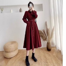 批发法式收腰显瘦衬衫裙女秋冬新款<b class='q'>中长款</b>磨毛加厚长袖打底过膝桔梗裙