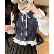 批发假两件拼接衬衫法式优雅蝴蝶结装饰立领打底小衫上衣