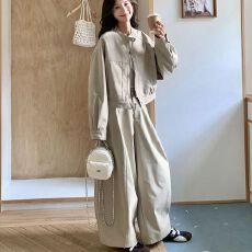 批发米色又酷又飒通勤套装女2026春秋新款韩系设计感外套阔腿裤两件套