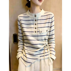 批发法式条纹立领<b class='q'>长</b>袖<b class='q'>T</b><b class='q'>恤</b>女2026早秋新款洋气减龄高级感收腰系带上衣