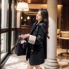批发爆款高级感中长款西服女2026春秋新款宽松休闲黑色免洗皮衣外套女