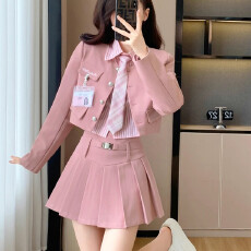 批发学院风jk套装裙早春短款西装<b class='q'>外套</b>打底衬衫领带高腰<b class='q'>修身</b>百褶半身裙