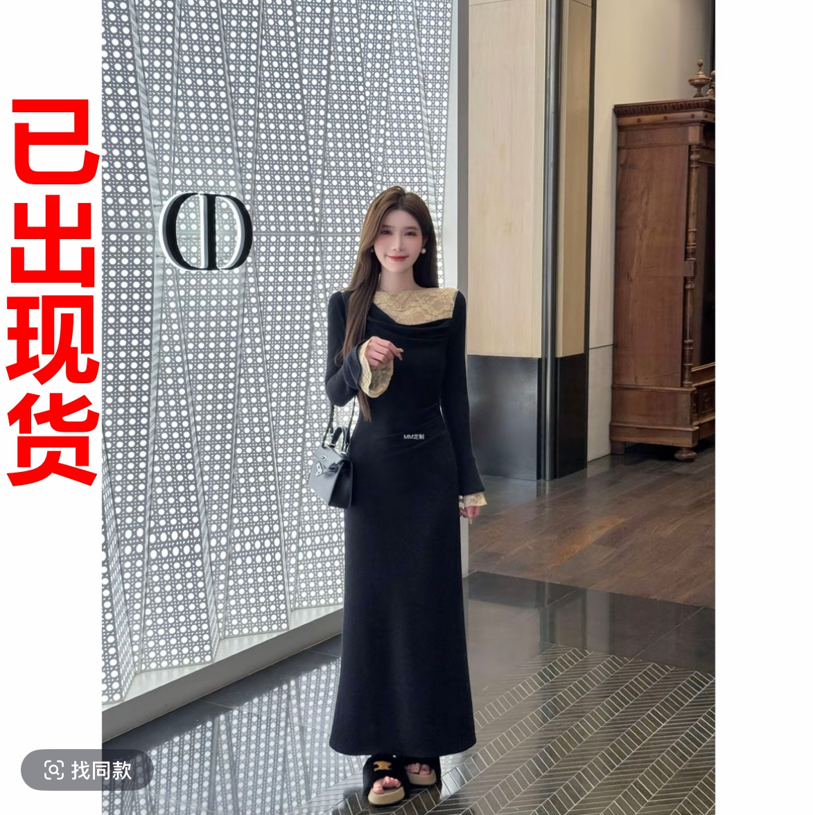 RY9020# 冬日女主角浪漫如旧加绒斜荡领蕾丝拼接长袖褶皱显瘦连衣裙