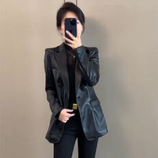 批发抖音爆款时尚皮U外套女2026秋季新款御姐范气质黑色显瘦皮衣西服