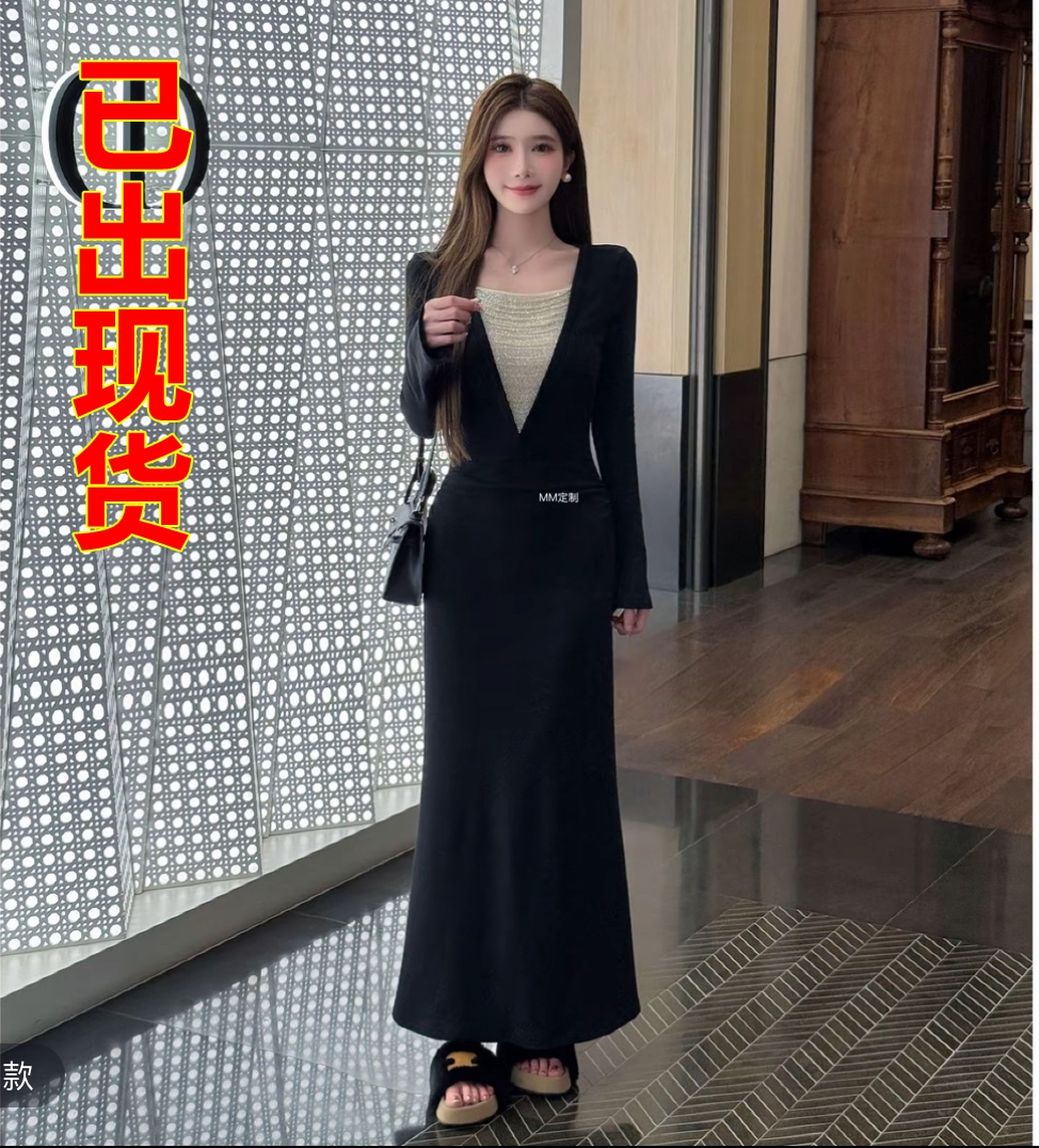 RY9019# 星落黑曜限定月夜巴黎设计感深V领重工珠链拼接打褶显瘦连衣裙