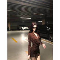 批发千金派对法式纯欲风荡领蕾丝收腰修身显瘦性感长袖<b class='q'>包臀</b>连衣裙女