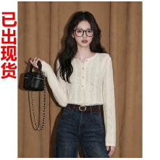批发杏色提花蕾丝长袖<b class='q'>衬衫</b>女秋2026秋季新款设计感内搭打底衫外穿上衣