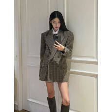 批发法式复古格纹西装外套女春秋新款高级感气质名媛宽松百搭西服上衣