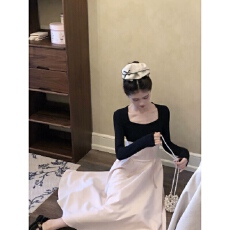 批发桃可了午后芭蕾法式方领<b class='q'>长袖</b>针织拼接连衣裙女秋收腰显瘦长裙