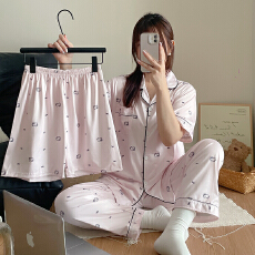 批发豆柠兔三件套睡衣<b class='q'>女</b>夏季新款少<b class='q'>女</b>卡<b class='q'>开衫</b>仿棉夏天短袖长裤