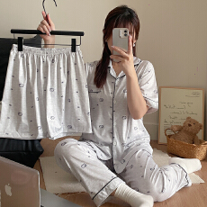 批发豆柠兔三件套睡衣<b class='q'>女</b>夏季新款少<b class='q'>女</b>卡<b class='q'>开衫</b>仿棉夏天短袖长裤