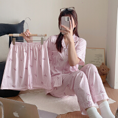 批发豆柠兔三件套睡衣<b class='q'>女</b>夏季新款少<b class='q'>女</b>卡<b class='q'>开衫</b>仿棉夏天短袖长裤