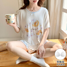 批发豆柠兔夏季新款仿罗纹冰丝带<b class='q'>胸</b>垫卡通可爱高颜值家居服YDY