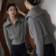 批发灰色翻领收腰针织开衫<b class='q'>毛衣</b>外套女2026新款秋冬季慵懒高级韩系上衣