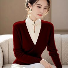 批发红色立领盘扣套头打底毛衣女冬季新中式国风外穿宽松显瘦针织上衣
