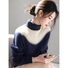 批发高级感超好看黑白拼色仿<b class='q'>貂绒</b>毛衣女2025冬季新款半高领上衣针织衫