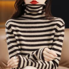 批发<b class='q'>秋</b>冬新款高级感洋气内搭打底毛衣加厚高领堆堆领条纹针织衫女上衣