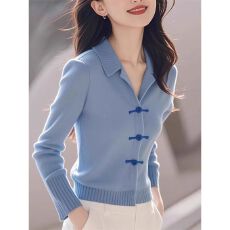 批发新中式国风蓝色针织开衫毛衣女2026<b class='q'>秋</b>冬新款舒适显瘦气质短款上衣