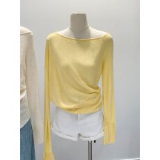 批发韩系慵懒温柔风穿搭露肩斜肩一字领宽松针织衫女<b class='q'>秋</b>季纽扣开叉上衣