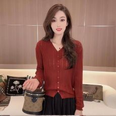 批发新款ins风早<b class='q'>秋</b>薄款纯色镂空时尚宽松百搭长袖针织女短款上衣开衫