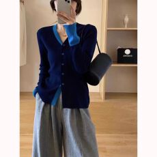 批发独特设计感拼色长袖系扣开衫2026<b class='q'>秋</b>装新款气质减龄V领针织薄外套