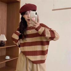 批发80-200斤大码条纹圆领针织衫女<b class='q'>秋</b>冬慵懒风撞色毛衣显瘦洋气打底衫