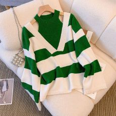 批发假两件挂脖露肩条纹毛衣女春<b class='q'>秋</b>季2026新款洋气减龄套头针织衫上衣