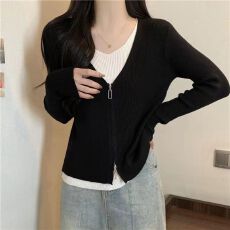 批发【<b class='q'>专柜</b><b class='q'>正品</b>】假两件针织衫女拉链宽松显瘦春秋新款内搭上衣打底衫