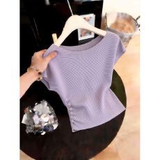 批发<b class='q'>专柜</b><b class='q'>正品</b>大码韩系一字领褶皱针织短袖女夏新款设计感小众上衣