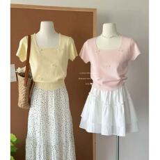 批发夏季减龄设计感蝴蝶结少女温柔韩系欧若风短袖方领针织衫上衣T恤