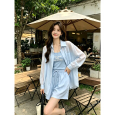 批发天丝凉感长袖防晒三件套装女26夏季开衫衬衫短裤针织字母背心时尚
