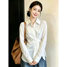 批发实拍~不规则绑带衬<b class='q'>衫</b>秋季长袖收腰显瘦韩版通勤百搭衬<b class='q'>衣</b>上衣正肩