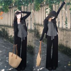 批发法式纯欲风穿搭一整套装女秋季新款条纹吊带开衫显瘦微喇裤三件套