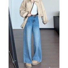批发<b class='q'>时尚</b>高腰遮胯蓝色阔腿<b class='q'>牛仔裤</b>女2026夏季大码宽松显瘦直筒慵懒长裤
