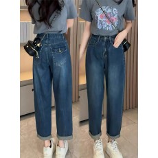 批发蓝色<b class='q'>哈伦</b>牛仔裤女2026夏薄款大码胖mm高腰宽松遮胯显瘦老爹萝卜裤