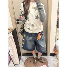 批发美式复古星星刺绣牛仔<b class='q'>短裤</b>女2026夏季新款潮牌宽松显瘦阔腿六分裤