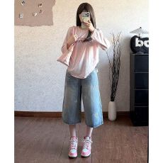 批发美式蝴蝶刺绣七分牛仔裤女夏季2026新款小个子宽松休闲风百搭<b class='q'>裤子</b>